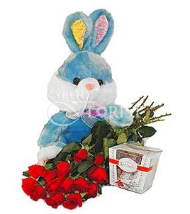 red roses with plush toy and chocolates